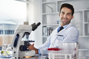 Poster - Man, scientist and portrait in laboratory with happiness for medical research, clinical analysis and scientific study. Biological experiment, innovation and nanotechnology for forensic investigation.