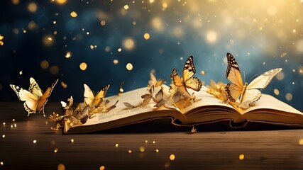 Wall Mural - Wide banner design for headers with copy space section featuring butterflies and golden sparkles, reminiscent of a fairytale mysterious open book