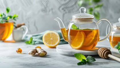 Sticker - Japanese Chinese tea lemon ginger honey mint white table Warm drink for cold days copy space background