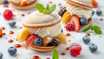 Wall Mural - Japanese Dorayaki with Ice Cream Fruits on White