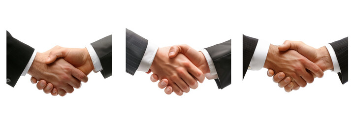 set of handshake, two businessmen in suits shaking hands transparent backgrou