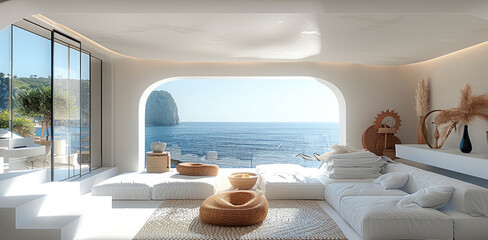 Poster - Living Room with white step, beautiful views of the ocean. Generative AI.