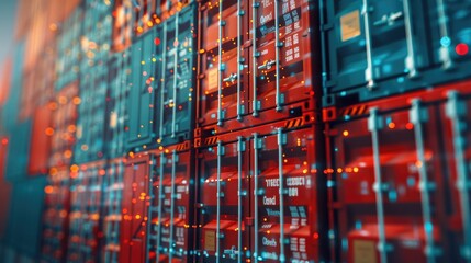 Poster - A stack of shipping containers with digital data on the computer screen, blue background, red and white container colors, blue and black color palette, digital marketing concept. Generative AI.