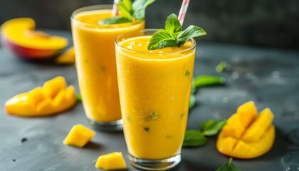 Wall Mural - Mango smoothie in tall glasses fresh and nutritious