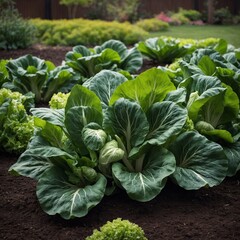 A cluster of bok choy in a serene backyard garden.