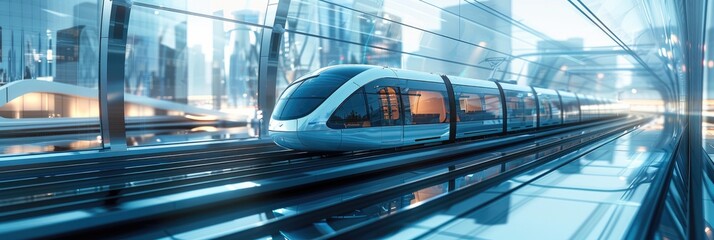 Aufkleber - Minimalist, unmanned aerial vehicle, smart tram of the future, future tram traveling on a future intersection overpass. Generative AI.