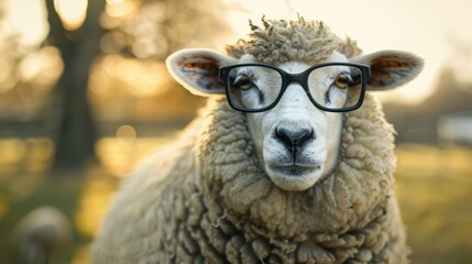 Wall Mural - sheep wearing glasses posing for camera with blurred background