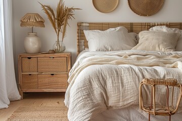 Wall Mural - Cozy and elegant bedroom with big bed, nice bedclothes, wooden bedside table and rattan home decorations