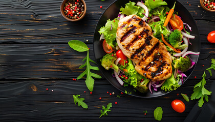 Wall Mural - Grilled chicken breast, fillet, steak and fresh vegetable salad, top view, copy space. Healthy keto, ketogenic lunch menu with chicken meat and organic veggies