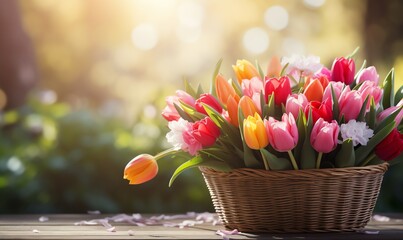 Wall Mural - A Basket of Spring Tulips in the Sunshine