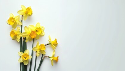 Poster - Minimalistic composition with a beautiful bouquet of yellow daffodils on a white background perfect for a spring greeting card