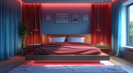 Poster - A modern bedroom, with wooden floors and red sheets, in the style of brown and blue, decorative, wood, matte background, light violet, new contemporary. Generative AI.
