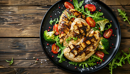 Poster - Grilled chicken breast, fillet, steak and fresh vegetable salad, top view, copy space. Healthy keto, ketogenic lunch menu with chicken meat and organic veggies