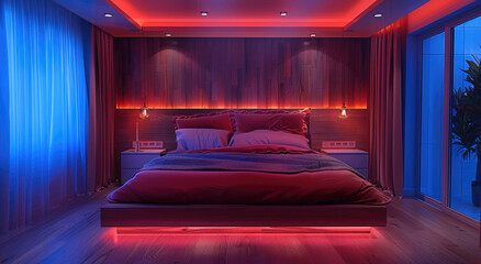 Poster - A modern bedroom, with wooden floors and red sheets, in the style of brown and blue, decorative, wood, matte background, light violet, new contemporary. Generative AI.