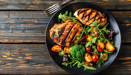 Grilled chicken breast, fillet, steak and fresh vegetable salad, top view, copy space. Healthy keto, ketogenic lunch menu with chicken meat and organic veggies