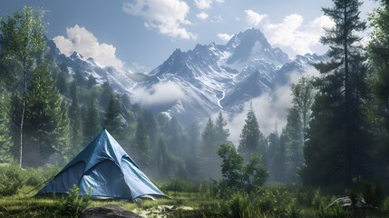 A blue tent is set up in the forest, with tall mountains and green trees behind it. The sun shines on top of them through white clouds, creating a beautiful scene.
