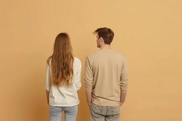 Wall Mural - Creative abstract template collage of funny couple white visual effect talking sms empty space isolated beige color background. View from behind