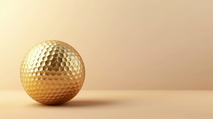 3D rendering of a gold golf ball on a beige background.