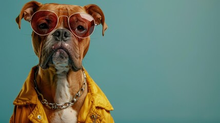 A studio portrait of a boxer dog wearing sunglasses and a yellow jacket with a gold necklace.