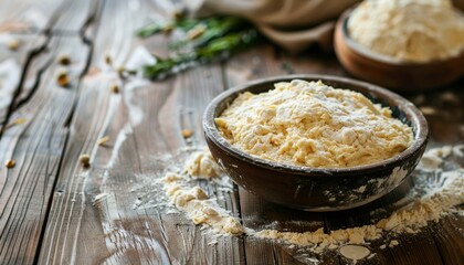 Sticker - Raw yeast dough in a bowl on a rustic wooden table Focus on country style