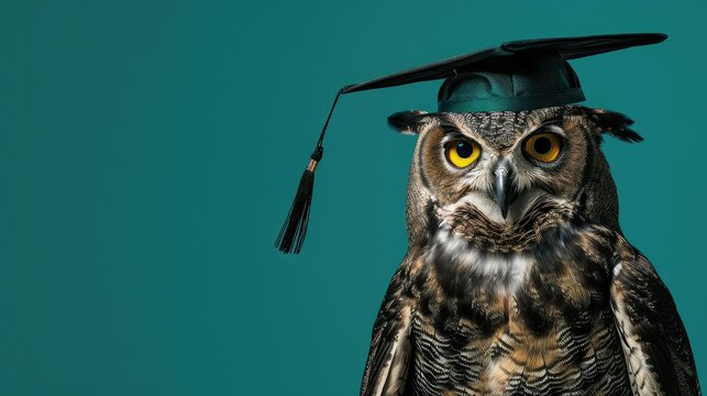 Wise owl wearing graduation cap symbolizes knowledge and wisdom.