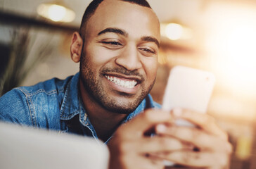 Aufkleber - African man, smartphone and online in cafe with happiness, chatting and match from dating website. Restaurant, male person and cellphone for mobile app, social media and message with contact by flare