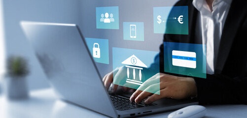 Poster - Online banking technology. Financial digital innovation technology. Finance and banking networking. Customer network connection and cyber security.