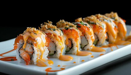 Sticker - Salmon Melted Cheese Roll is a sushi set with salmon fried prawn cucumber spicy mayo and melted cheese sauce on a plate