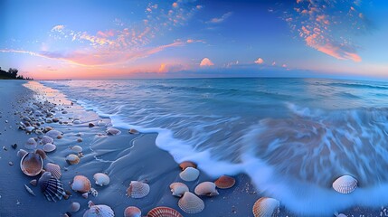 Wall Mural - a serene beach scene at dusk, with the sky transitioning from blue to shades of lavender and peach. 