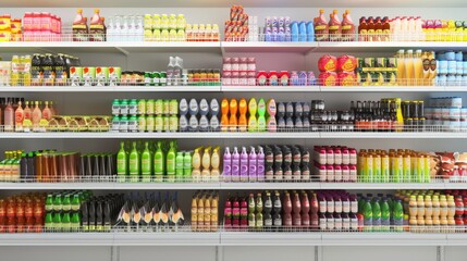 Wall Mural - A retail shelf in a grocery store aisle filled with a variety of food and drinks. Different bottles with yogurt, juices and other dairy row.