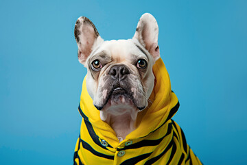 Wall Mural - a dog wearing a yellow and black striped shirt