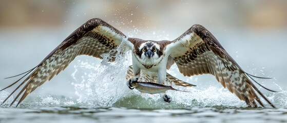 AI generator image of hawk flying to catch fish On the water, beautiful splashing water