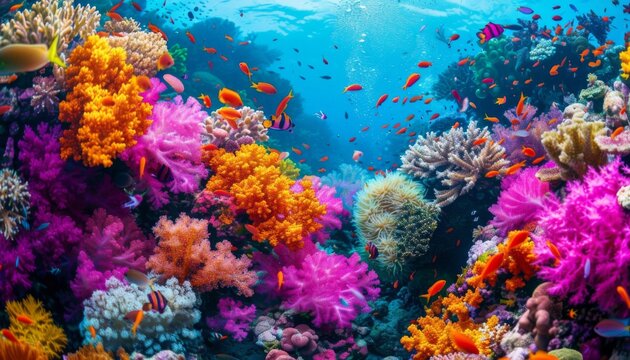 A vibrant coral reef with a variety of colorful corals. Colorful coral reef of the underwater world
