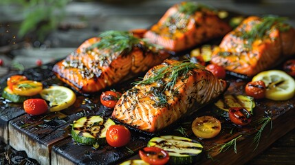 Wall Mural - Fresh salmon fillets, gently seasoned with dill and lemon, grilling to perfection on a cedar plank. The fish's surface crisps beautifully while it remains moist and flavorful inside.