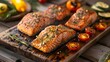 © horizon - Fresh salmon fillets, gently seasoned with dill and lemon, grilling to perfection on a cedar plank. The fish's surface crisps beautifully while it remains moist and flavorful inside.