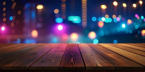 Poster - night background with wooden floor, lights and bokeh lights.