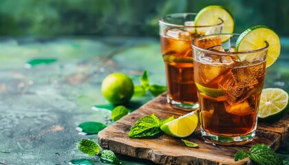 Sticker - Summer drinks with iced tea and lime in glasses on a wooden board against a green concrete backdrop Soft beverages