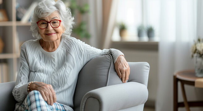 An elderly woman with white hair and red glasses is sitting comfortably on a light gray sofa. The room is softly lit, with a blurred background ,enjoying wellness in retirement