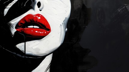 Poster - Artistic close-up of a woman's red lips on a dark background, capturing the contrast and allure of minimalistic style and color choice.