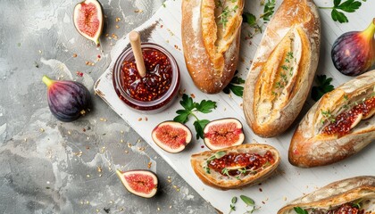 Poster - Top view of ciabatta sandwiches with fig jam served on a white wooden cutting board accompanied by figs and a glass jar filled with jam all on a grey concrete