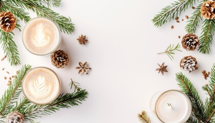 Wall Mural - Top view of winter themed flat lay with Christmas fir branches pine cones candles coffee drink all isolated on white background