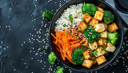 Wall Mural - Vegetarian dish made of tofu broccoli carrots and sesame Promoting wellness