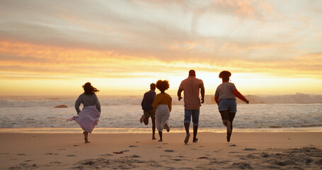 Canvas Print - People, friends and running to sea for freedom, outdoor adventure and group happiness on summer vacation. Beach, back and youth energy with seaside fun, excited and sunset on holiday for weekend.