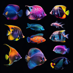 An array of cartoon-style aquarium fish, vividly colored and varied in size and shape, set against a clear aquatic backdrop. Each fish, from angelfish to clownfish and neon tetras.