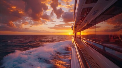 Wall Mural - The yacht, overlooking the ocean at sunset with dramatic clouds and waves crashing against it's hull, a photo taken from inside looking out to sea, the sun setting across the water.