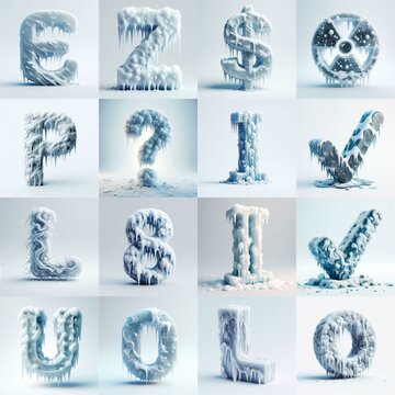 Ice and Snow Lettering Typeface. AI generated illustration