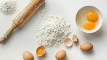 Eggs and flour on a white background, A wooden rolling pin lies nearby