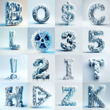 Ice and Snow Lettering Typeface. AI generated illustration