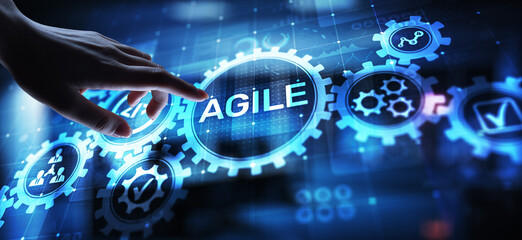 Poster - Agile development methodology concept on virtual screen. Technology concept.