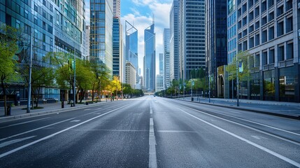 Wall Mural - Empty asphalt road of a modern city with skyscrapers